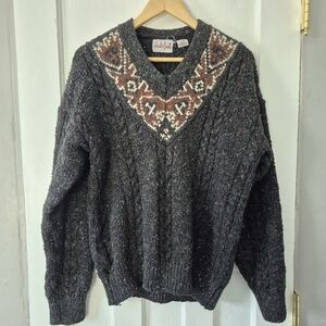 Paul Conti 90’s Vintage Wool Blend Grey Fair Isle Chunky Knit Sweater Sz M